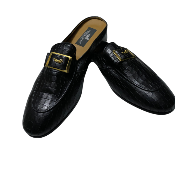 Peter Ascot Black Patterned Half Shoe with Gold Duck Buckle Logo - Image 2